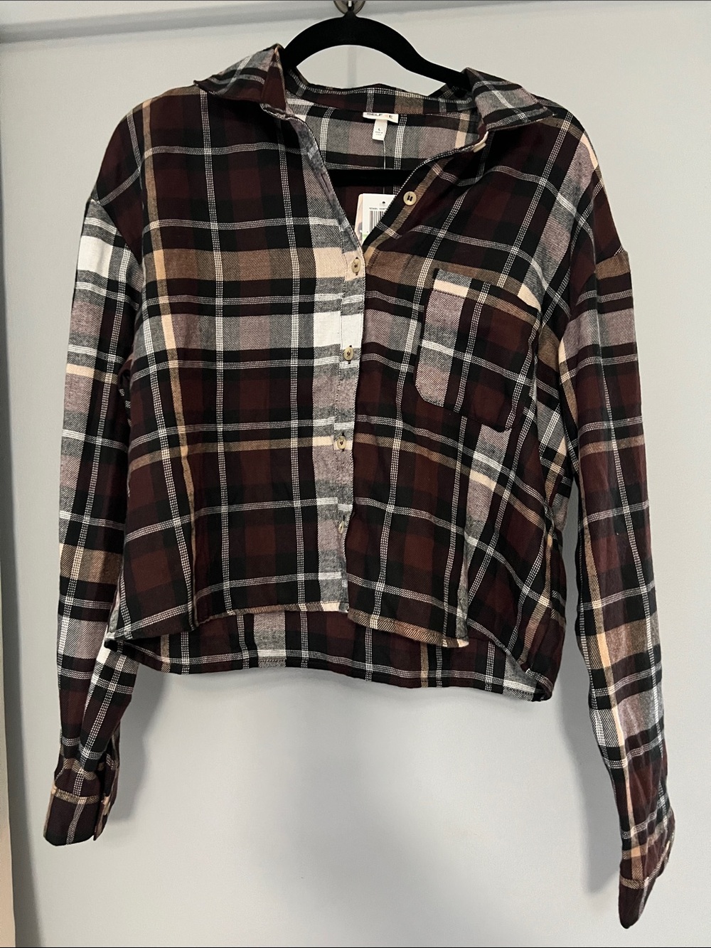 Women’s Cropped Plaid Button-Down Shirt in Brown, Burgundy and Cream